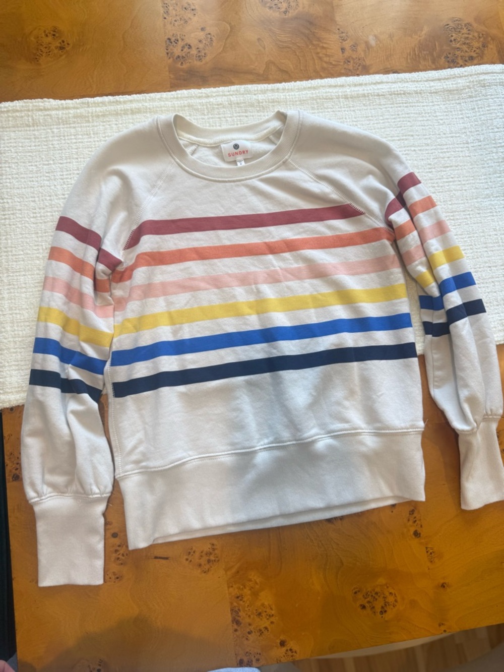 Sundry White Crewneck Sweater with Multicolor Stripe Accents Anthropologie